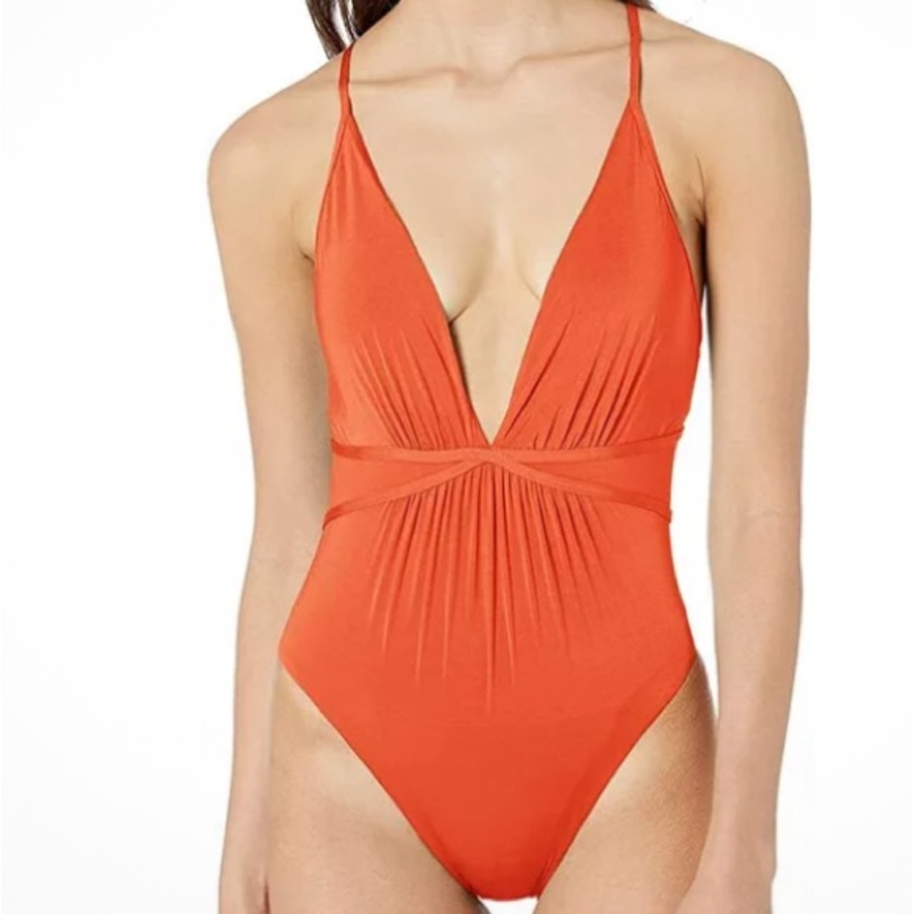 BCBGMAXAZRIA Plunging One Piece Swimsuit Bikini Burnt Orange BCBG‎ strappy Sz 10